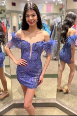 Misshow Sparkly Purple Lace Tight Short Homecoming Dress/Mini Dress with Feathers