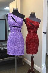 Misshow Sparkly Purple One Shoulder Cut Out Sequins Tight Short Homecoming Dress/Mini Dress