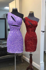 Misshow Sparkly Purple One Shoulder Cut Out Sequins Tight Short Homecoming Dress/Mini Dress