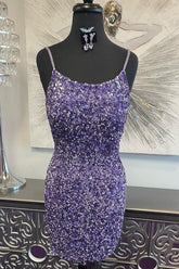 Misshow Sparkly Purple Open Back Short Hoco Dress