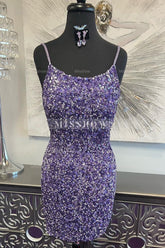 Misshow Sparkly Purple Open Back Short Hoco Dress