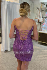 Misshow Sparkly Purple Sequin Lace-Up Tight Short Homecoming Dress/Mini Dress