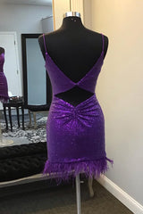 Misshow Sparkly Purple Sequin Open Back Tight Short Homecoming Dress/Mini Dress with Feathers