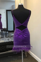 Misshow Sparkly Purple Sequin Open Back Tight Short Homecoming Dress/Mini Dress with Feathers