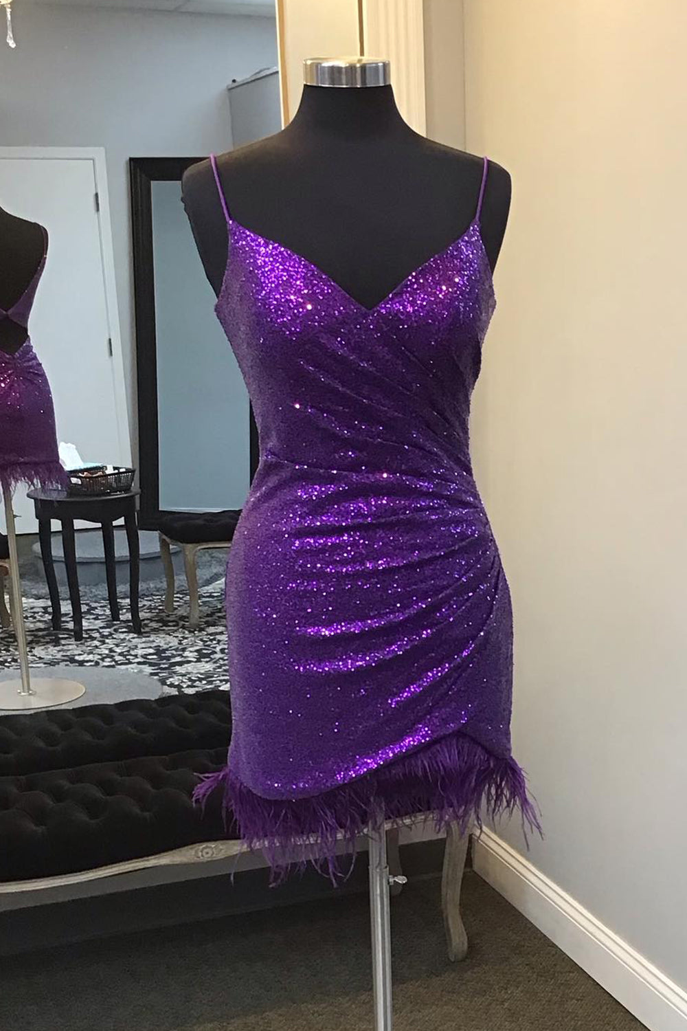 Misshow Sparkly Purple Sequin Open Back Tight Short Homecoming Dress/Mini Dress with Feathers
