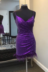 Misshow Sparkly Purple Sequin Open Back Tight Short Homecoming Dress/Mini Dress with Feathers