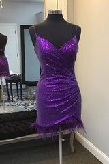 Misshow Sparkly Purple Sequin Open Back Tight Short Homecoming Dress/Mini Dress with Feathers
