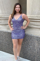 Misshow Sparkly Purple Sequin V-Neck Tight Short Homecoming Dress/Mini Dress