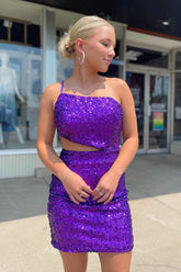 Misshow Sparkly Purple Sequined Cut Out Backless Tight Short Homecoming Dress/Mini Dress