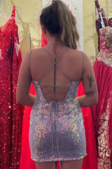 Misshow Sparkly Purple Sequined Lace-Up Back Tight Short Homecoming Dress/Mini Dress