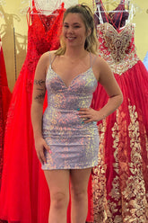 Misshow Sparkly Purple Sequined Lace-Up Back Tight Short Homecoming Dress/Mini Dress