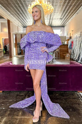 Misshow Sparkly Purple Sequined Long Sleeves Tight Short Hoco Dress with Bowknot