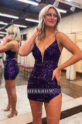 Misshow Sparkly Purple Sequins Backless Tight Short Homecoming Dress/Mini Dress with Slit
