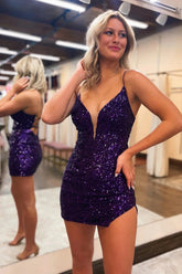 Misshow Sparkly Purple Sequins Backless Tight Short Homecoming Dress/Mini Dress with Slit