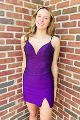 Misshow Sparkly Purple Sequins Beaded Tight Short Homecoming Dress/Mini Dress with Slit