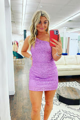 Misshow Sparkly Purple Sequins One Shoulder Tight Short Homecoming Dress/Mini Dress
