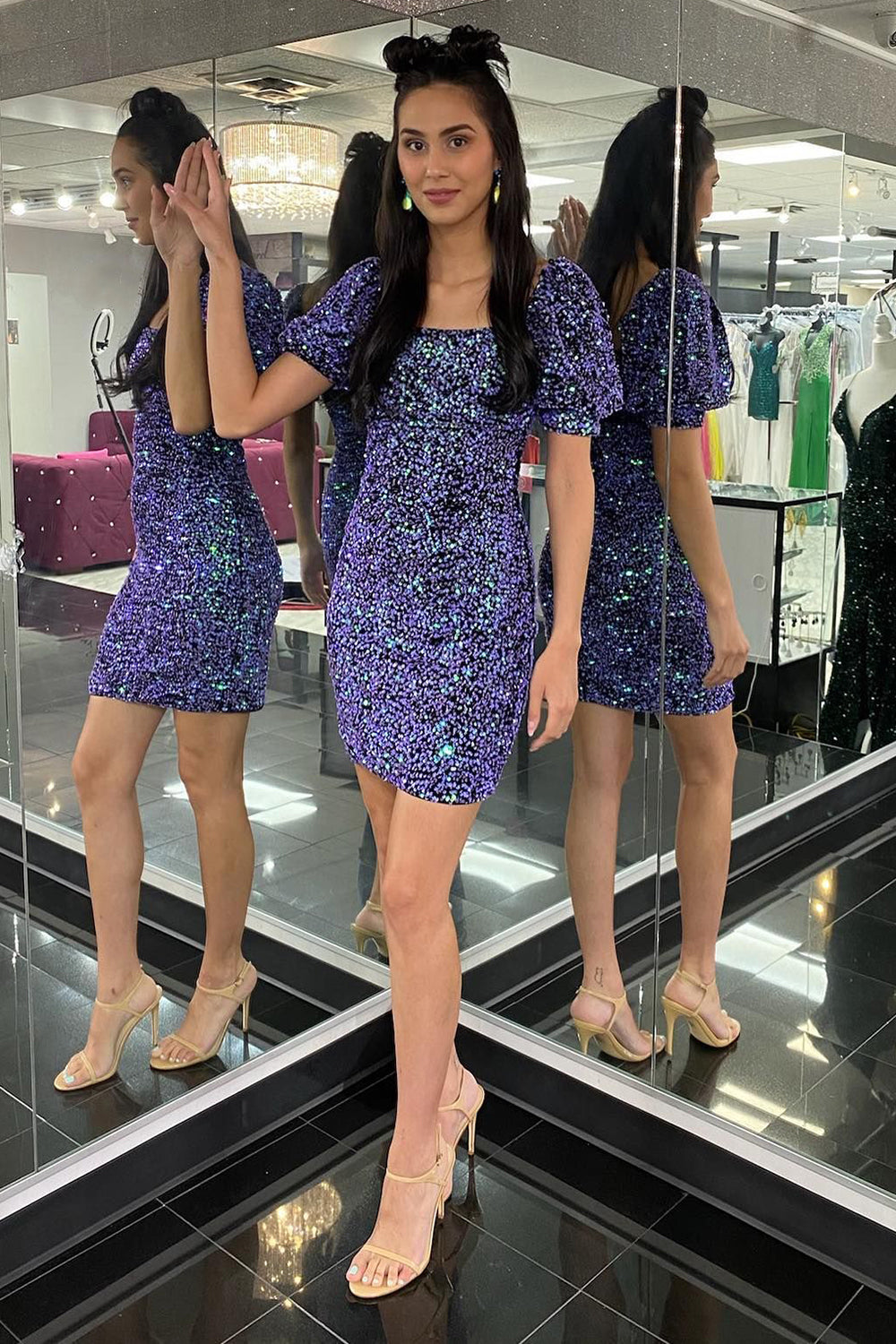 Misshow Sparkly Purple Sequins Short Sleeves Tight Homecoming Dress/Mini Dress