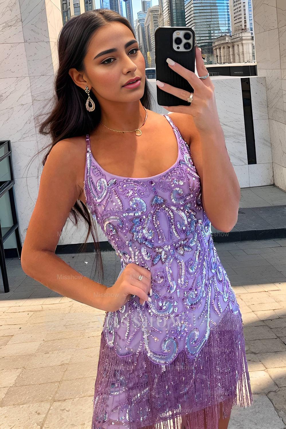 Misshow Sparkly Purple Sequins Spaghetti Straps Short Homecoming Dress/Mini Dress with Fringes