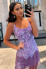 Misshow Sparkly Purple Sequins Spaghetti Straps Short Homecoming Dress/Mini Dress with Fringes