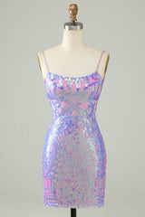 Misshow Sparkly Purple Spaghetti Straps Backless Short Tight Homecoming Dress/Mini Dress with Sequins