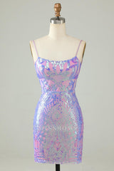 Misshow Sparkly Purple Spaghetti Straps Backless Short Tight Homecoming Dress/Mini Dress with Sequins