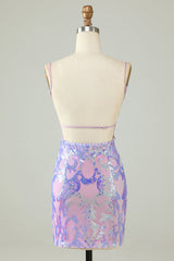 Misshow Sparkly Purple Spaghetti Straps Backless Short Tight Homecoming Dress/Mini Dress with Sequins
