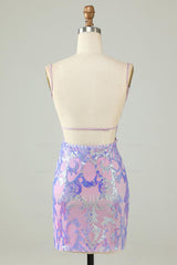 Misshow Sparkly Purple Spaghetti Straps Backless Short Tight Homecoming Dress/Mini Dress with Sequins