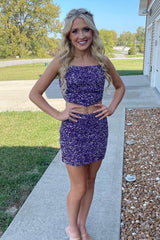 Misshow Sparkly Purple Spaghetti Straps Tight 2 Pieces Short Homecoming Dress/Mini Dress