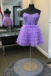 Misshow Sparkly Purple Strapless Corset A Line Short Homecoming Dress/Mini Dress with Ruffles