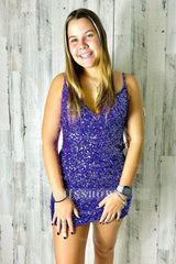 Misshow Sparkly Purple V-Neck Sequins Sleeveless Tight Short Homecoming
