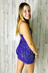 Misshow Sparkly Purple V-Neck Sequins Sleeveless Tight Short Homecoming