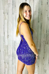 Misshow Sparkly Purple V-Neck Sequins Sleeveless Tight Short Homecoming