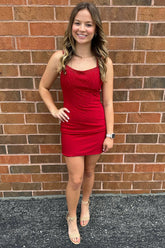 Misshow Sparkly Red Beaded Backless Tight Satin Short Homecoming Dress/Mini Dress