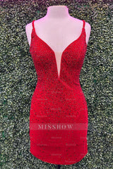 Misshow Sparkly Red Beaded Tight Short Homecoming Dress/Mini Dress