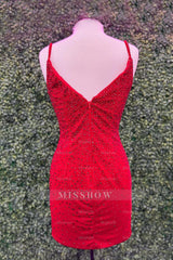 Misshow Sparkly Red Beaded Tight Short Homecoming Dress/Mini Dress