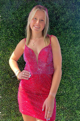 Misshow Sparkly Red Beaded Tight Short Homecoming Dress/Mini Dress