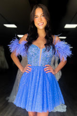 Misshow Sparkly Red Corset A-Line Short Homecoming Dress/Mini Dress with Feathers