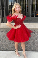 Misshow Sparkly Red Corset A-Line Short Homecoming Dress/Mini Dress with Feathers