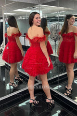 Misshow Sparkly Red Corset Off The Shoulder A Line Short Homecoming Dress/Mini Dress with Feathers