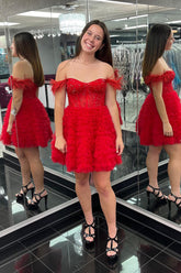 Misshow Sparkly Red Corset Off The Shoulder A Line Short Homecoming Dress/Mini Dress with Feathers