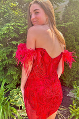 Misshow Sparkly Red Lace Corset Fringed Tight Short Homecoming Dress/Mini Dress with Feathers