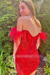 Misshow Sparkly Red Lace Corset Fringed Tight Short Homecoming Dress/Mini Dress with Feathers