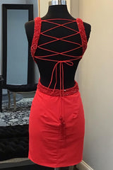 Misshow Sparkly Red Lace-Up Back Cut Out Tight Short Homecoming Dress/Mini Dress with Sequins