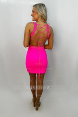 Misshow Sparkly Red Lace-Up Back Cut Out Tight Short Homecoming Dress/Mini Dress with Sequins