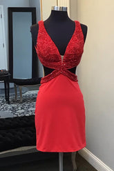 Misshow Sparkly Red Lace-Up Back Cut Out Tight Short Homecoming Dress/Mini Dress with Sequins