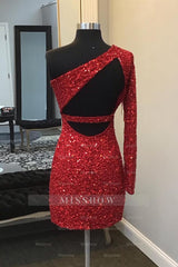 Misshow Sparkly Red One Shoulder Backless Sequins Fringed Tight Short Homecoming Dress/Mini Dress