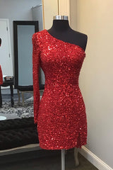 Misshow Sparkly Red One Shoulder Backless Sequins Fringed Tight Short Homecoming Dress/Mini Dress