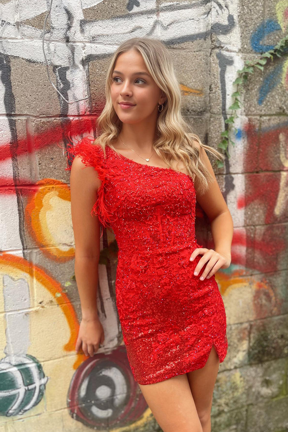 Misshow Sparkly Red One Shoulder Corset Tight Short Homecoming Dress/Mini Dress With Feathers