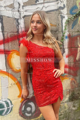 Misshow Sparkly Red One Shoulder Corset Tight Short Homecoming Dress/Mini Dress With Feathers