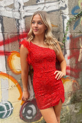 Misshow Sparkly Red One Shoulder Corset Tight Short Homecoming Dress/Mini Dress With Feathers